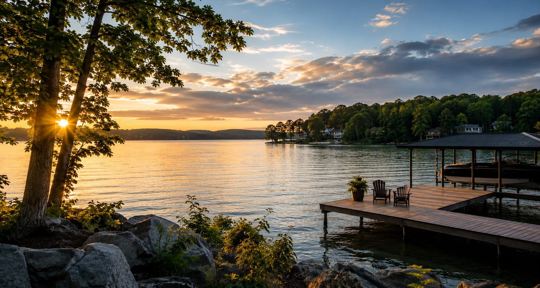 Sunset over a private dock on an Upstate South Carolina lake